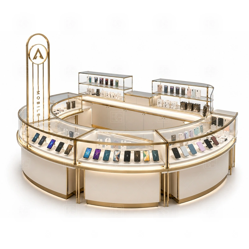 Phone Case Cell Phone Kiosk Design display detail for phone cases grouped by model, color, material, and price level with add-on accessories nearby shown in the phone case cell phone kiosk design product photos; the product photos also emphasize phone accessory displays, glass counters, and small product shelving