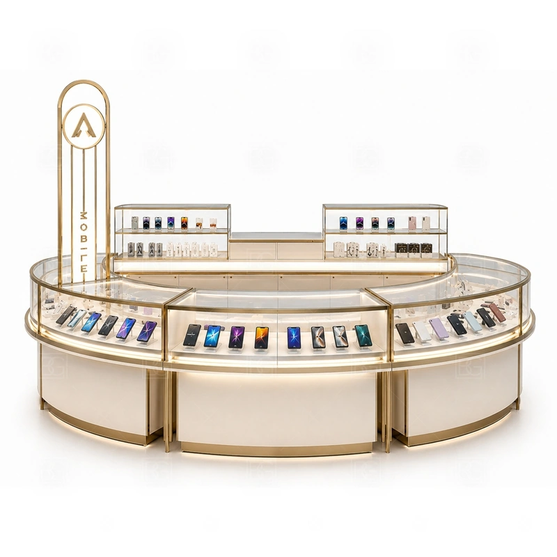Phone Case Cell Phone Kiosk Design signage detail with case-category signs, logo panels, and lighted front graphics that make the product range easy to read shown in the phone case cell phone kiosk design product photos; this page also uses tall logo tower and LED brand lighting