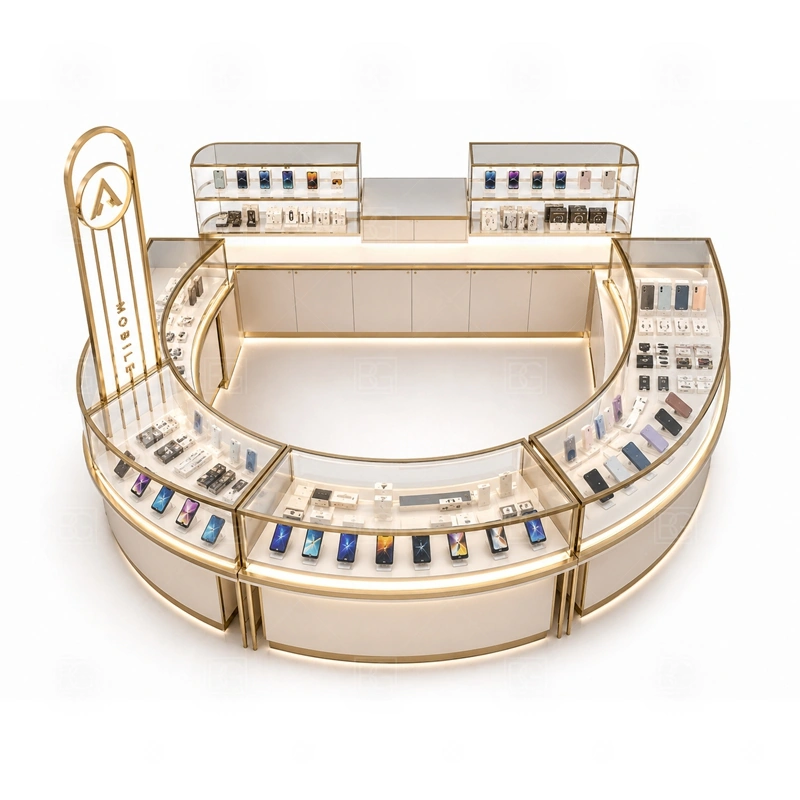 Phone Case Cell Phone Kiosk Design storage detail for divided drawers and under-counter stock for case sizes, fast-moving colors, and small accessories shown in the phone case cell phone kiosk design product photos, with separate zones for browsing, payment, stock refill, and product consultation