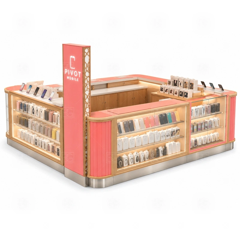 Phone Case Mobile Accessories Kiosk for Shopping Mall with a phone-case merchandising kiosk with strong wall display, case browsing zones, and focused accessory counters shown in the phone case mobile accessories kiosk for shopping mall product photos for phone case merchandising and accessory add-on sales