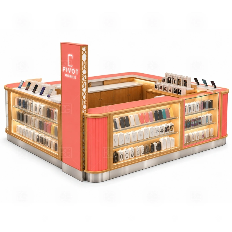 Phone Case Mobile Accessories Kiosk for Shopping Mall showing a browsing-first plan that keeps case walls visible while checkout and storage stay close to staff shown in the phone case mobile accessories kiosk for shopping mall product photos, with separate zones for browsing, payment, stock refill, and product consultation