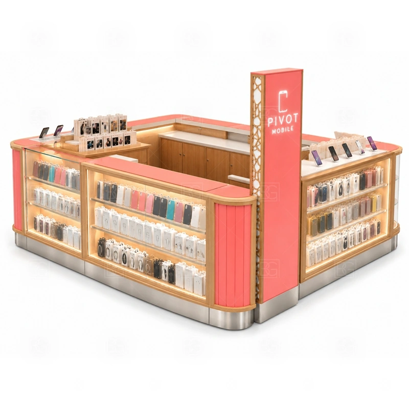 Phone Case Mobile Accessories Kiosk for Shopping Mall service area for case selection help, screen protector recommendation, checkout, packing, and quick add-on selling shown in the phone case mobile accessories kiosk for shopping mall product photos; the kiosk can follow sales counter, POS area, packing surface, and staff-side storage