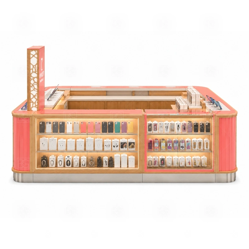 Phone Case Mobile Accessories Kiosk for Shopping Mall signage detail with case-category signs, logo panels, and lighted front graphics that make the product range easy to read shown in the phone case mobile accessories kiosk for shopping mall product photos; this page also uses tall logo tower and LED brand lighting