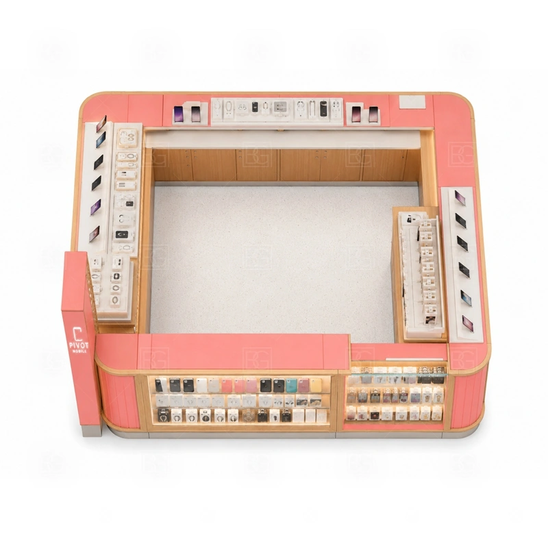 Phone Case Mobile Accessories Kiosk for Shopping Mall storage detail for divided drawers and under-counter stock for case sizes, fast-moving colors, and small accessories shown in the phone case mobile accessories kiosk for shopping mall product photos, with front-facing customer movement with staff work kept behind the display line