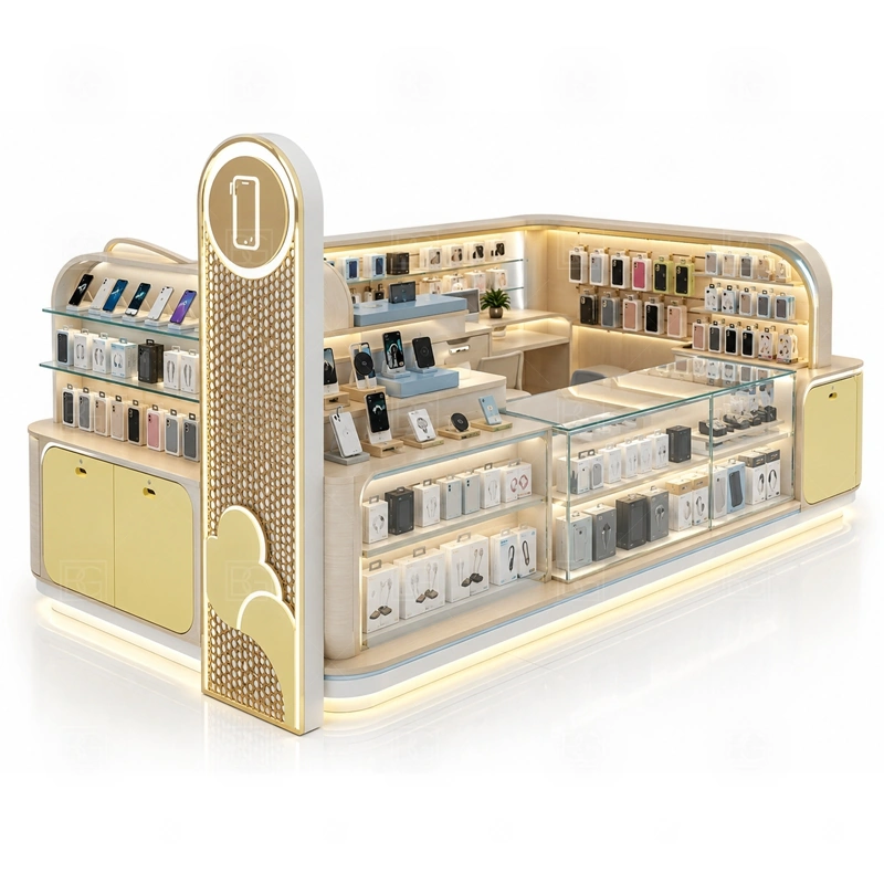 Phone Case Phone Repair Kiosk with LED Signage with a phone-case merchandising kiosk with strong wall display, case browsing zones, and focused accessory counters shown in the phone case phone repair kiosk with led signage product photos for repair service and phone accessory sales
