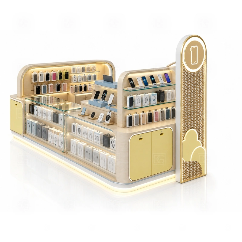 Phone Case Phone Repair Kiosk with LED Signage showing a browsing-first plan that keeps case walls visible while checkout and storage stay close to staff shown in the phone case phone repair kiosk with led signage product photos, with front-facing customer movement with staff work kept behind the display line