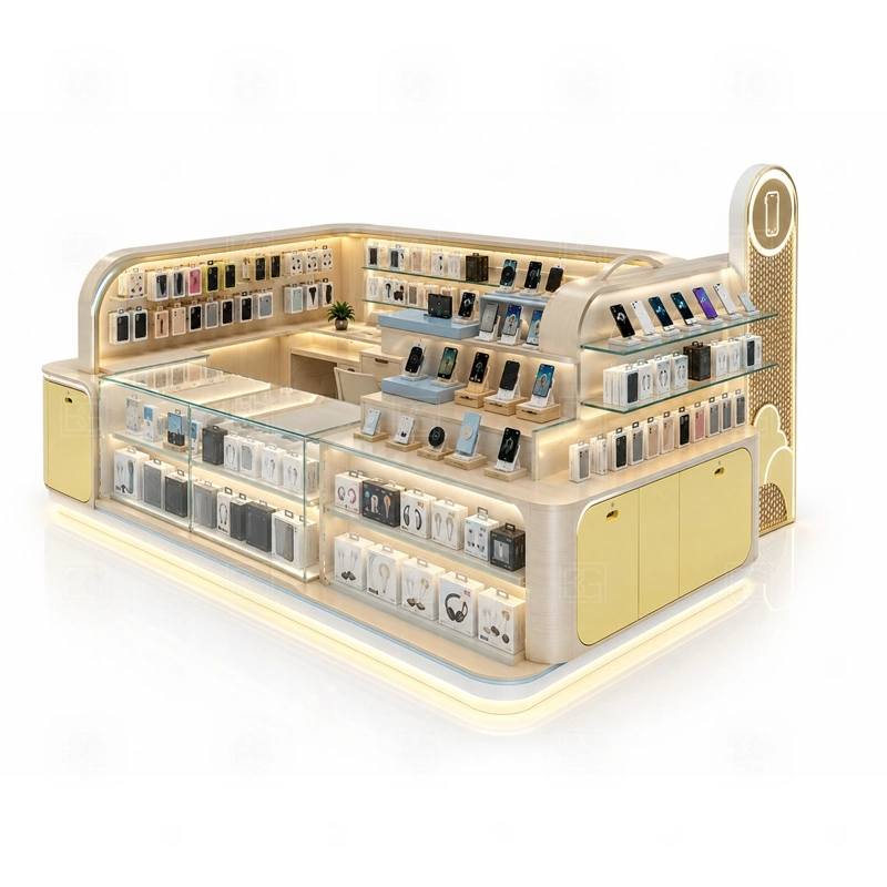 Phone Case Phone Repair Kiosk with LED Signage display detail for phone cases grouped by model, color, material, and price level with add-on accessories nearby shown in the phone case phone repair kiosk with led signage product photos; the product photos also emphasize phone accessory displays, glass counters, and small product shelving