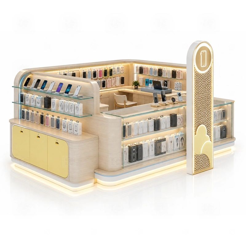 Phone Case Phone Repair Kiosk with LED Signage service area for case selection help, screen protector recommendation, checkout, packing, and quick add-on selling shown in the phone case phone repair kiosk with led signage product photos; the kiosk can follow repair service counter, device handoff area, and lockable tool storage