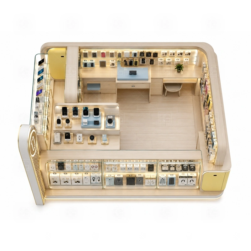 Phone Case Phone Repair Kiosk with LED Signage storage detail for divided drawers and under-counter stock for case sizes, fast-moving colors, and small accessories shown in the phone case phone repair kiosk with led signage product photos, with separate zones for browsing, payment, stock refill, and product consultation