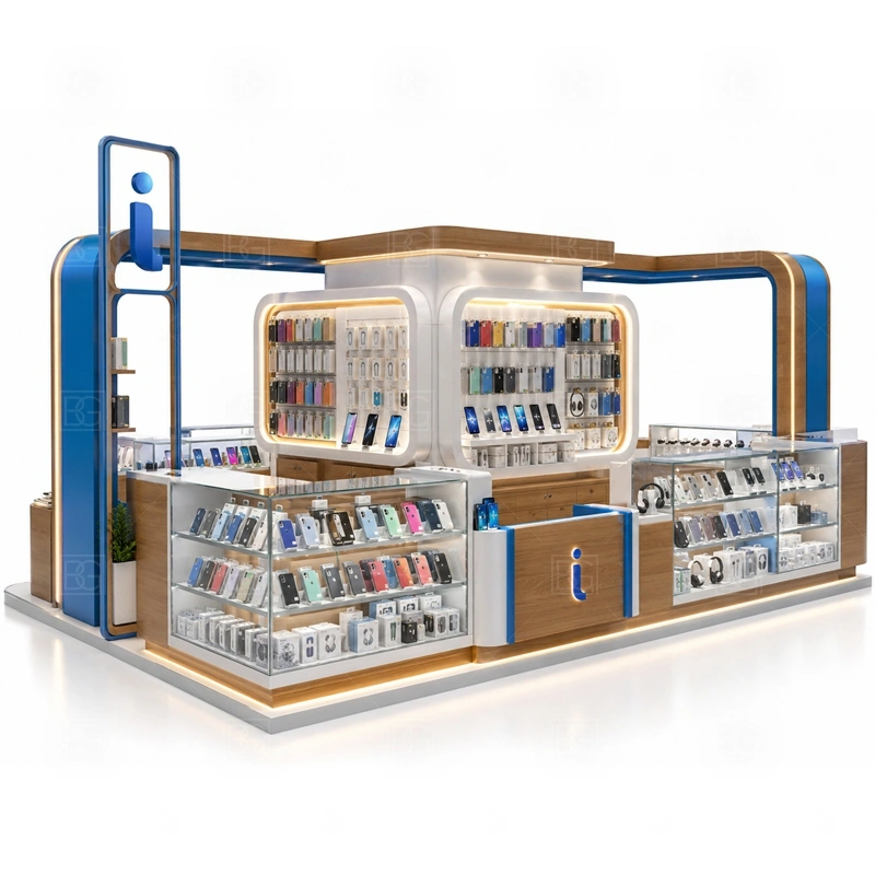 Phone Case Retail Phone Kiosk with Glass Showcase with a glass-showcase phone kiosk with transparent product protection, counter lighting, and a cleaner premium display line shown in the phone case retail phone kiosk with glass showcase product photos for phone case merchandising and accessory add-on sales