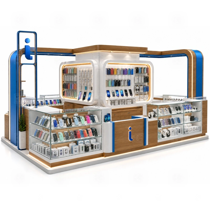 Phone Case Retail Phone Kiosk with Glass Showcase showing front and side showcase counters arranged so customers can inspect products without entering the staff zone shown in the phone case retail phone kiosk with glass showcase product photos, with front-facing customer movement with staff work kept behind the display line