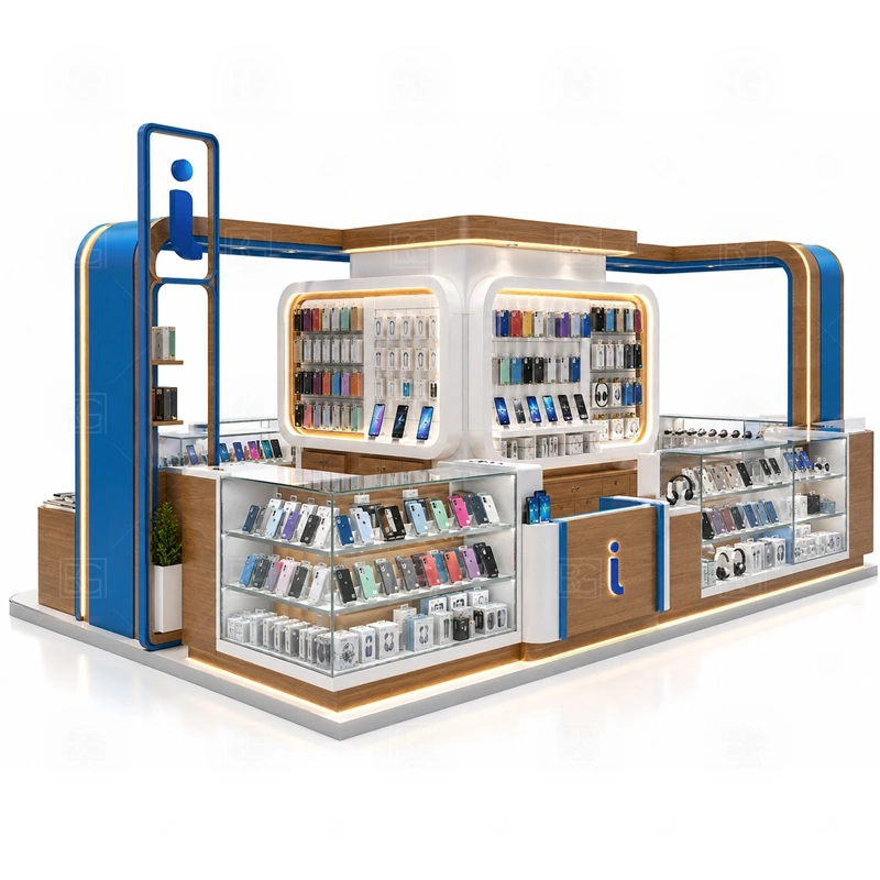 Phone Case Retail Phone Kiosk with Glass Showcase display detail for lockable tempered glass showcases for phones, boxed accessories, and featured products shown in the phone case retail phone kiosk with glass showcase product photos; the product photos also emphasize tempered glass showcases and visible accessory display zones