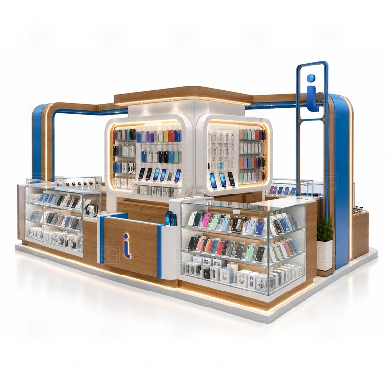Phone Case Retail Phone Kiosk with Glass Showcase service area for assisted selling, product demonstration, checkout, and secure handoff from the staff side shown in the phone case retail phone kiosk with glass showcase product photos; the kiosk can follow sales counter, POS area, packing surface, and staff-side storage