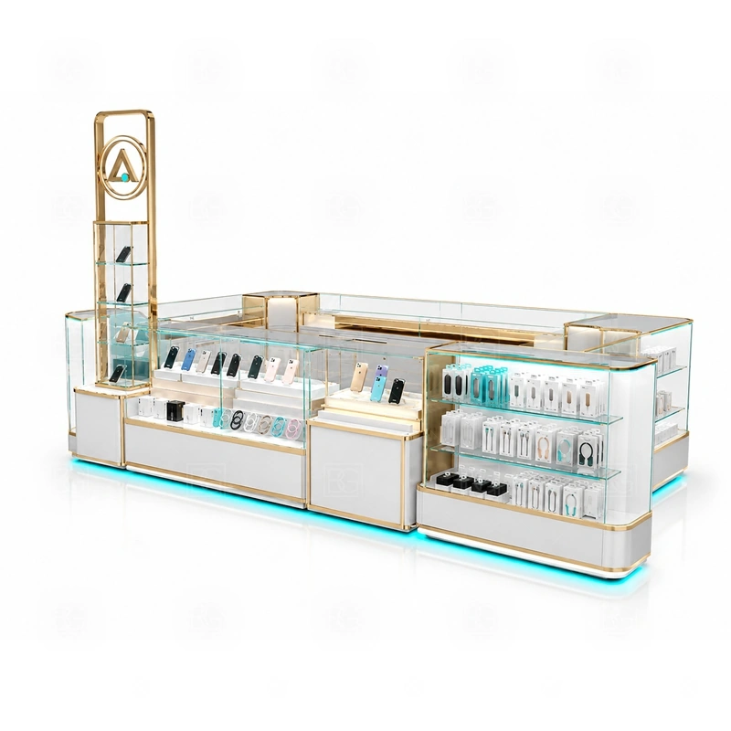 Phone Case Shopping Mall Phone Kiosk Manufacturer service area for case selection help, screen protector recommendation, checkout, packing, and quick add-on selling shown in the phone case shopping mall phone kiosk manufacturer product photos; the kiosk can follow cashier counter, POS area, customer service opening, and storage planning