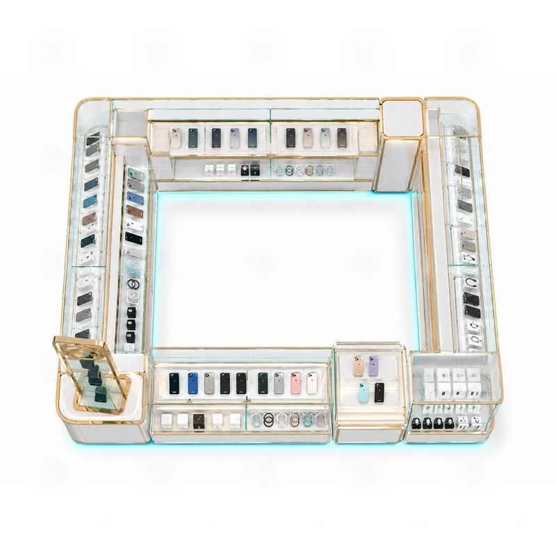 Phone Case Shopping Mall Phone Kiosk Manufacturer storage detail for divided drawers and under-counter stock for case sizes, fast-moving colors, and small accessories shown in the phone case shopping mall phone kiosk manufacturer product photos, with clear customer approach from the main mall walkway and quick staff access from the rear