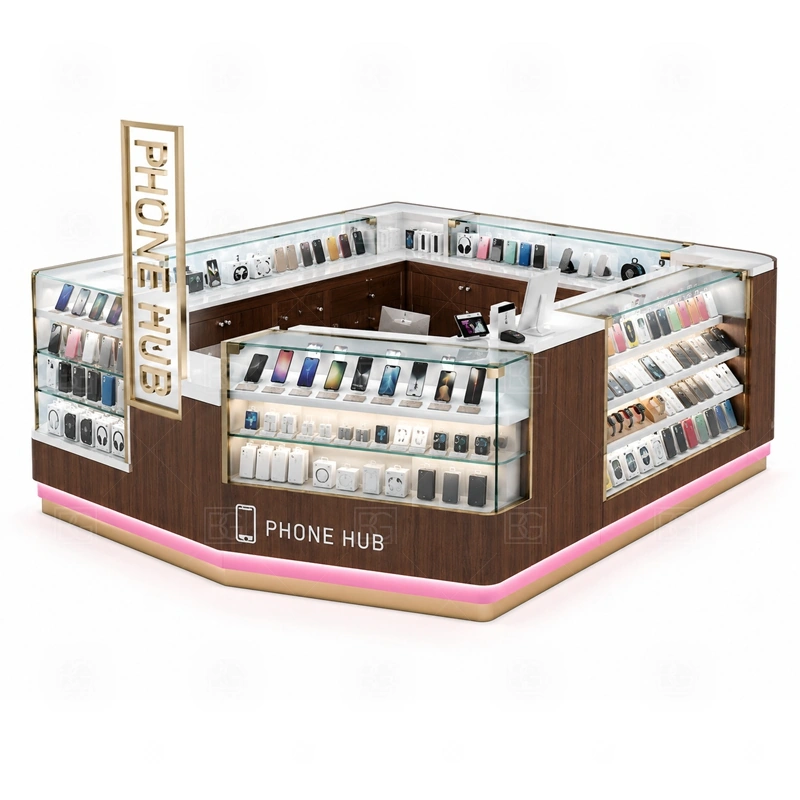 Premium Mobile Accessories Kiosk Manufacturer with a higher-spec phone kiosk with stronger display presence, coordinated lighting, and more finished customer-facing surfaces shown in the premium mobile accessories kiosk manufacturer product photos for mobile accessory retail and small electronics display