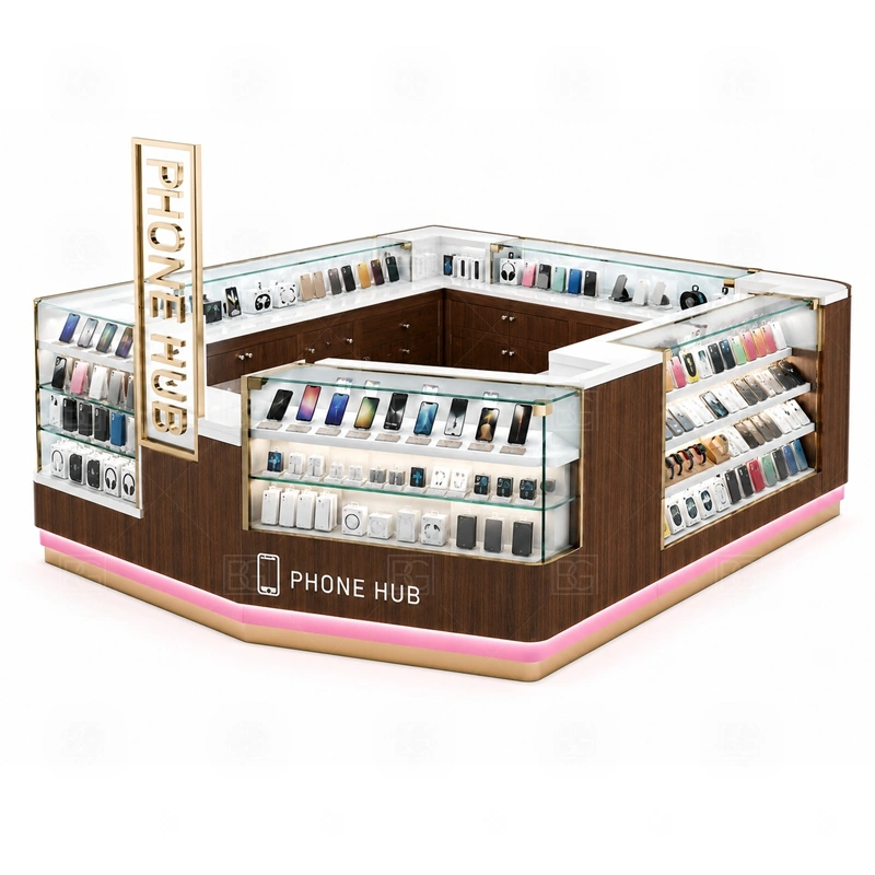 Premium Mobile Accessories Kiosk Manufacturer showing a refined display and service route with clear customer counters and practical back-of-counter operation shown in the premium mobile accessories kiosk manufacturer product photos, with a customer side that stays visually tidy even when staff are restocking or packing orders