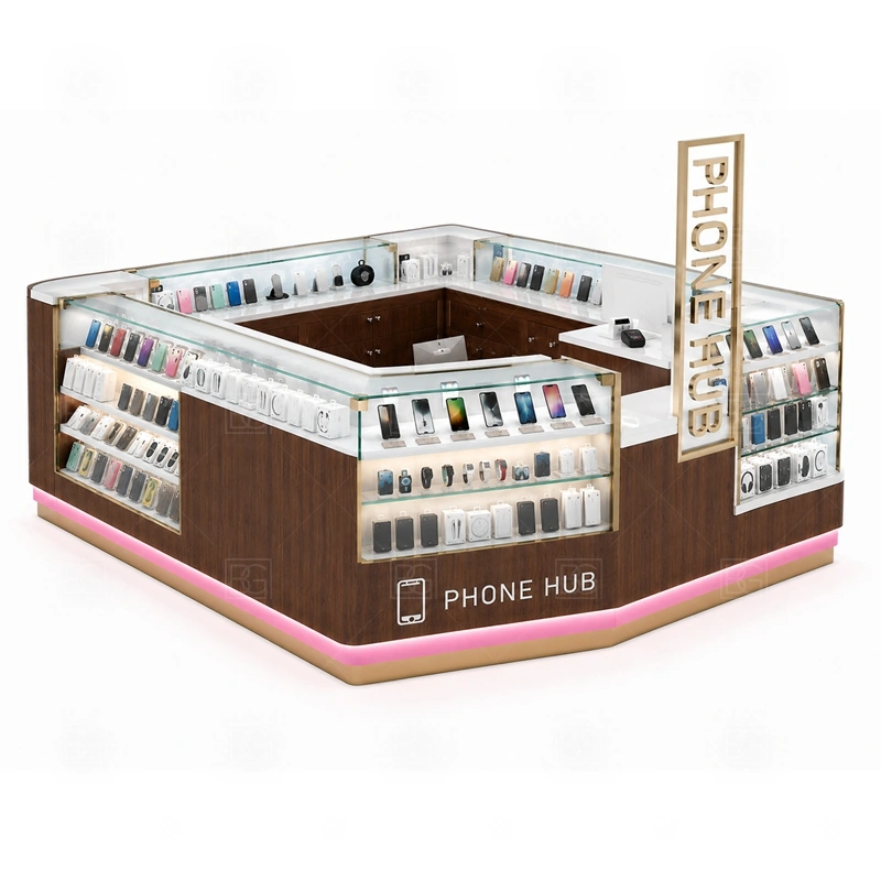 Premium Mobile Accessories Kiosk Manufacturer display detail for premium glass counters, wall displays, selected accessory zones, and featured product positions shown in the premium mobile accessories kiosk manufacturer product photos; the product photos also emphasize phone accessory displays, glass counters, and small product shelving
