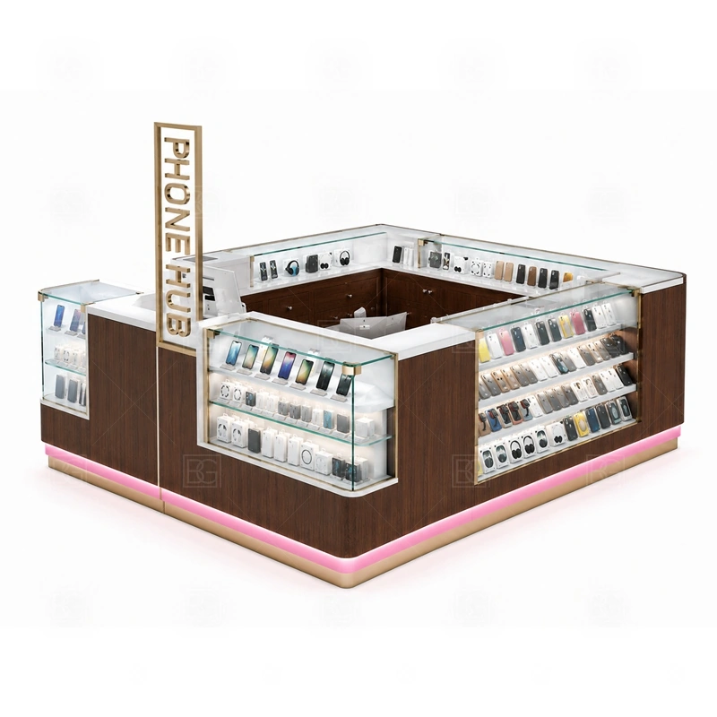 Premium Mobile Accessories Kiosk Manufacturer service area for customer consultation, product demo, checkout, pickup, and careful handoff of higher-value items shown in the premium mobile accessories kiosk manufacturer product photos; the kiosk can follow cashier counter, POS area, customer service opening, and storage planning