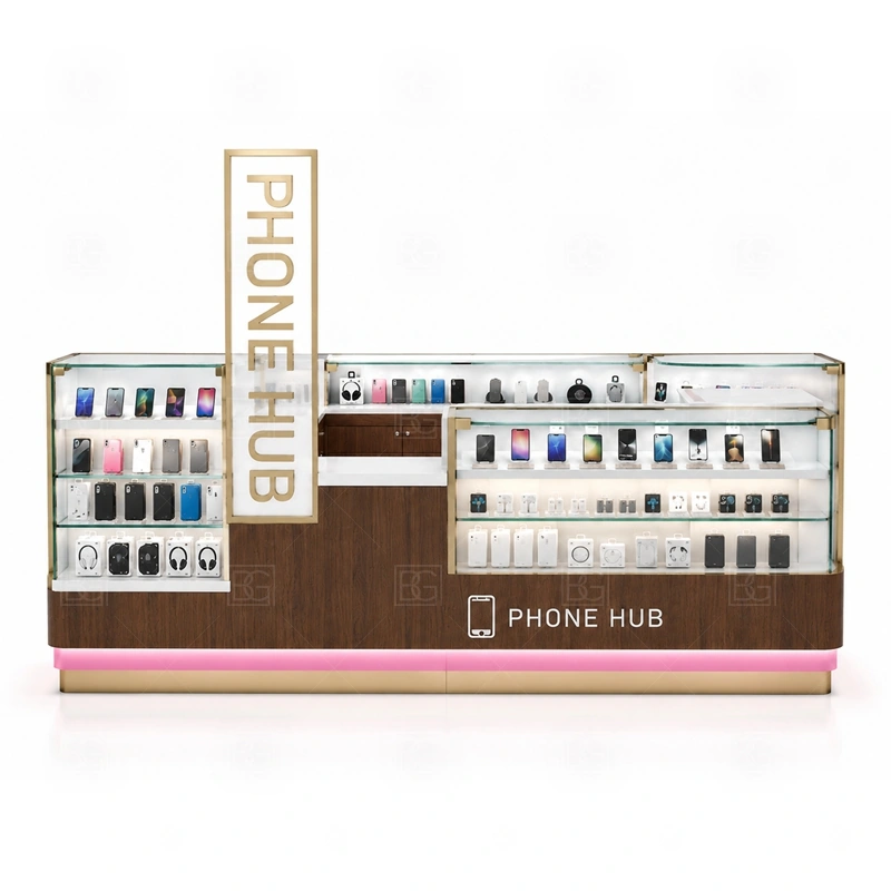 Premium Mobile Accessories Kiosk Manufacturer signage detail with coordinated logo, lighting, panel finish, and front graphics for a stronger brand impression shown in the premium mobile accessories kiosk manufacturer product photos; this page also uses custom logo signage and brand color presentation