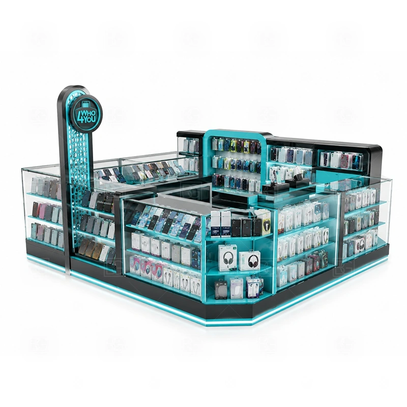 Premium Phone Case Kiosk with Glass Showcase with a glass-showcase phone kiosk with transparent product protection, counter lighting, and a cleaner premium display line shown in the premium phone case kiosk with glass showcase product photos for phone case merchandising and accessory add-on sales