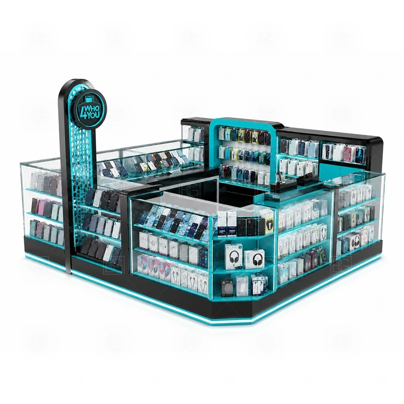 Premium Phone Case Kiosk with Glass Showcase showing front and side showcase counters arranged so customers can inspect products without entering the staff zone shown in the premium phone case kiosk with glass showcase product photos, with clear customer approach from the main mall walkway and quick staff access from the rear