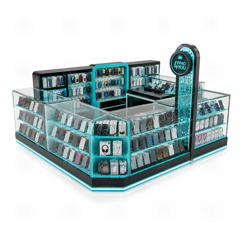 Premium Phone Case Kiosk with Glass Showcase display detail for lockable tempered glass showcases for phones, boxed accessories, and featured products shown in the premium phone case kiosk with glass showcase product photos; the product photos also emphasize tempered glass showcases and visible accessory display zones