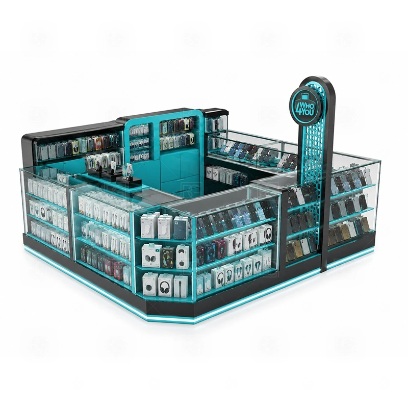 Premium Phone Case Kiosk with Glass Showcase service area for assisted selling, product demonstration, checkout, and secure handoff from the staff side shown in the premium phone case kiosk with glass showcase product photos; the kiosk can follow cashier counter, POS area, customer service opening, and storage planning