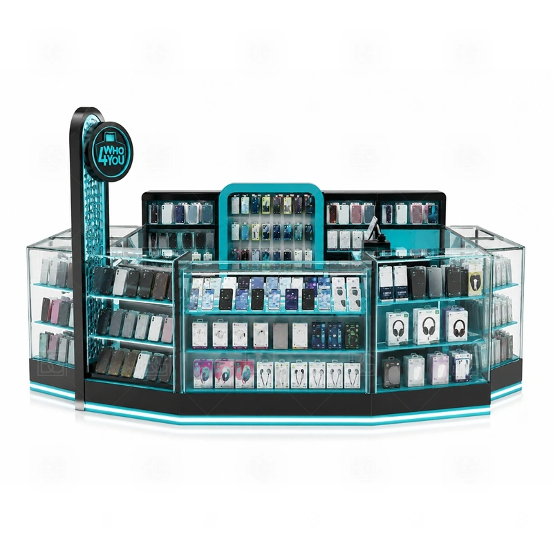 Premium Phone Case Kiosk with Glass Showcase signage detail with logo panels and light strips that support the glass display instead of overpowering the products shown in the premium phone case kiosk with glass showcase product photos; this page also uses custom logo signage and brand color presentation