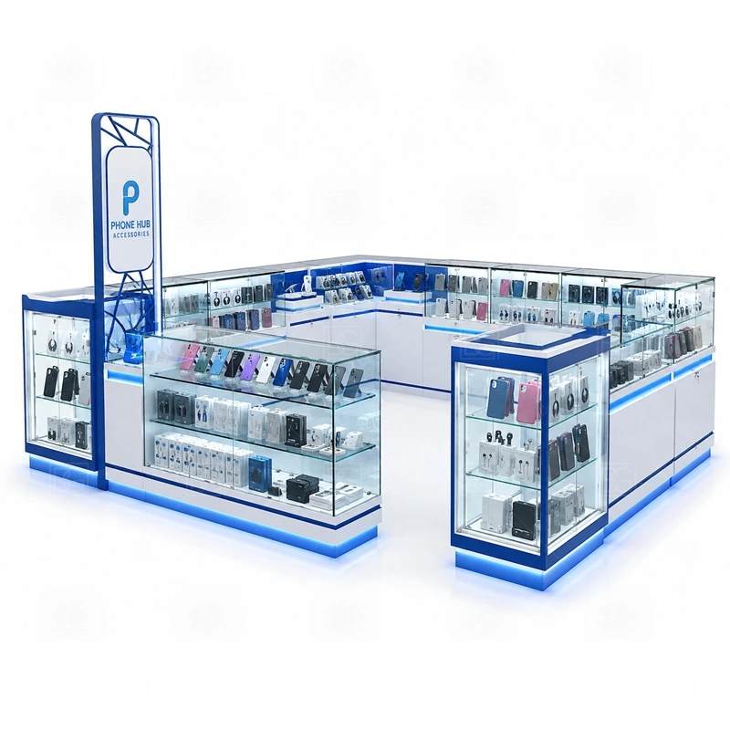 Premium Phone Repair Kiosk Design with a higher-spec phone kiosk with stronger display presence, coordinated lighting, and more finished customer-facing surfaces shown in the premium phone repair kiosk design product photos for repair service and phone accessory sales