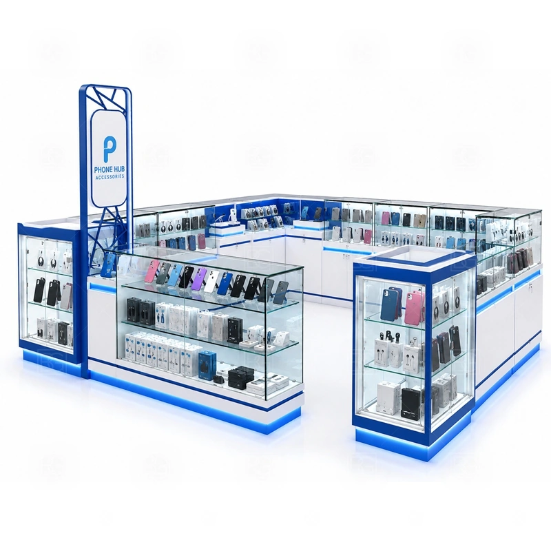 Premium Phone Repair Kiosk Design display detail for premium glass counters, wall displays, selected accessory zones, and featured product positions shown in the premium phone repair kiosk design product photos; the product photos also emphasize phone accessory displays, glass counters, and small product shelving
