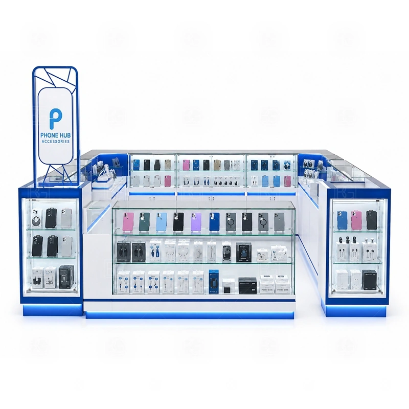 Premium Phone Repair Kiosk Design signage detail with coordinated logo, lighting, panel finish, and front graphics for a stronger brand impression shown in the premium phone repair kiosk design product photos; this page also uses tall logo tower and LED brand lighting