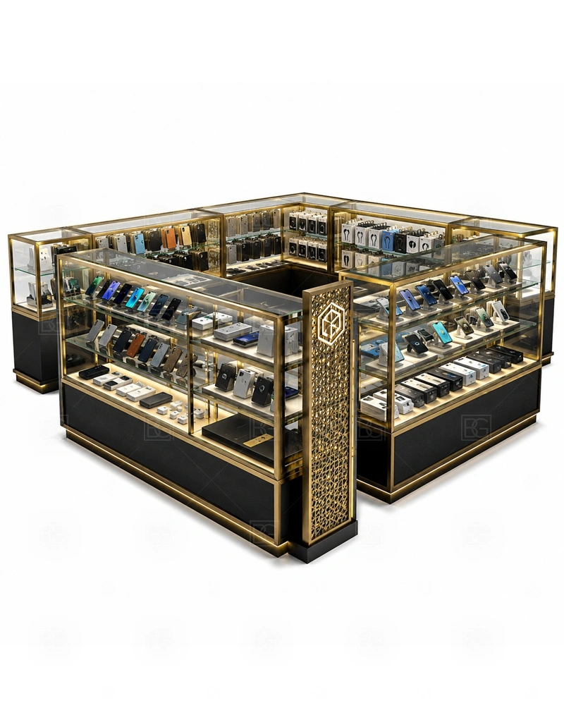 Premium Retail Phone Kiosk for Sale with a higher-spec phone kiosk with stronger display presence, coordinated lighting, and more finished customer-facing surfaces shown in the premium retail phone kiosk for sale product photos for phone retail and mall accessory sales