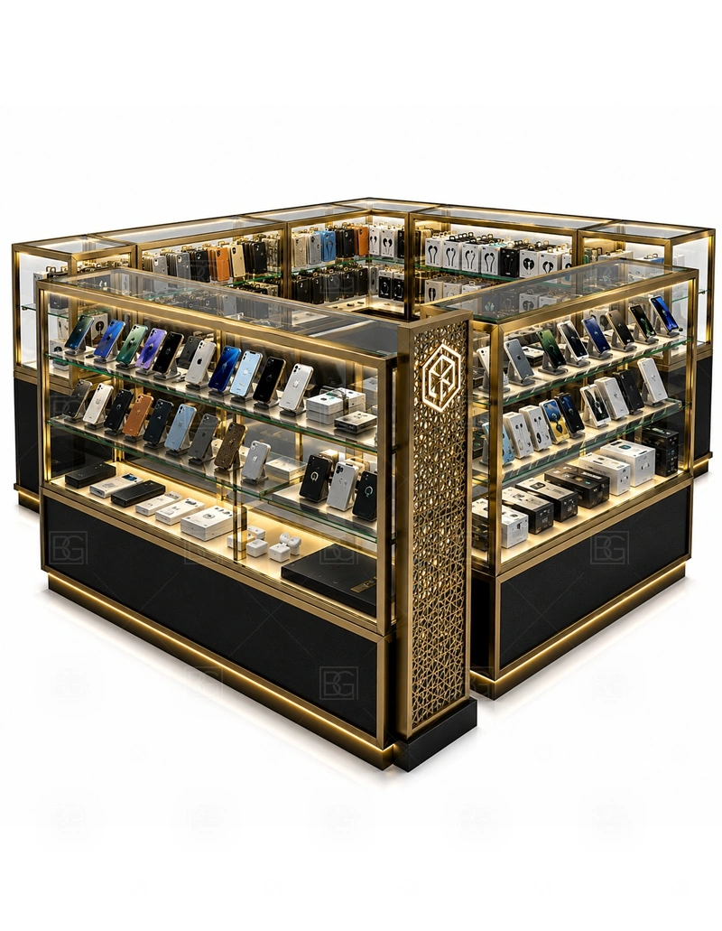 Premium Retail Phone Kiosk for Sale display detail for premium glass counters, wall displays, selected accessory zones, and featured product positions shown in the premium retail phone kiosk for sale product photos; the product photos also emphasize phone accessory displays, glass counters, and small product shelving