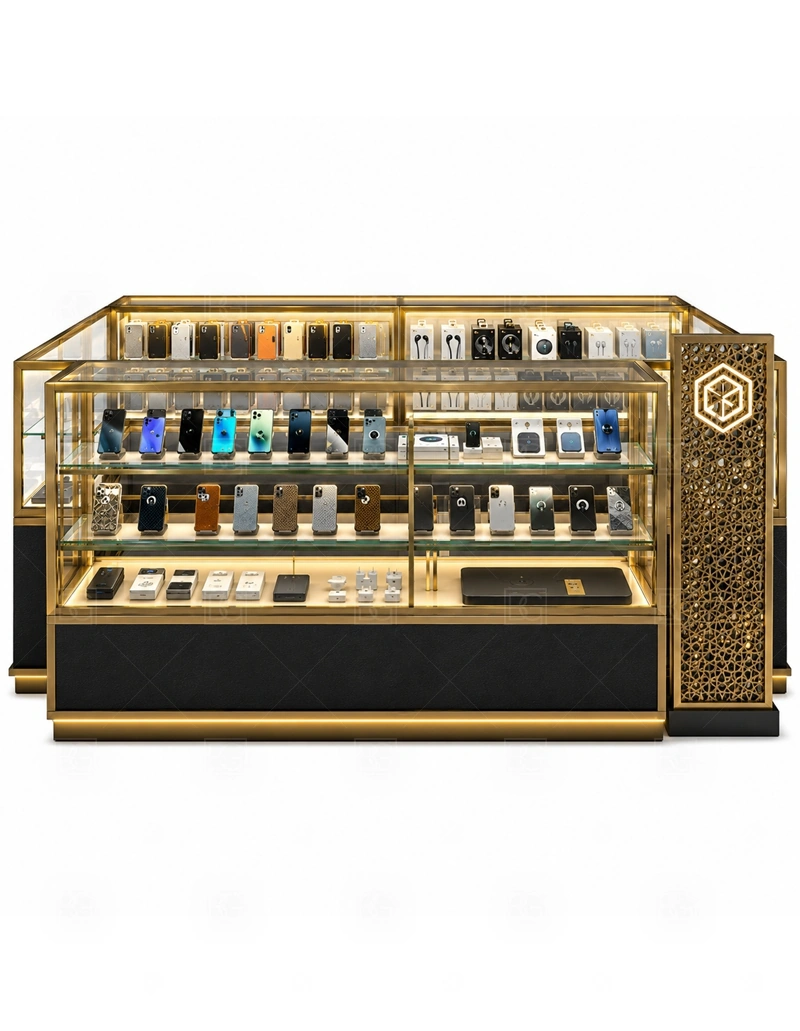 Premium Retail Phone Kiosk for Sale signage detail with coordinated logo, lighting, panel finish, and front graphics for a stronger brand impression shown in the premium retail phone kiosk for sale product photos; this page also uses custom logo signage and brand color presentation