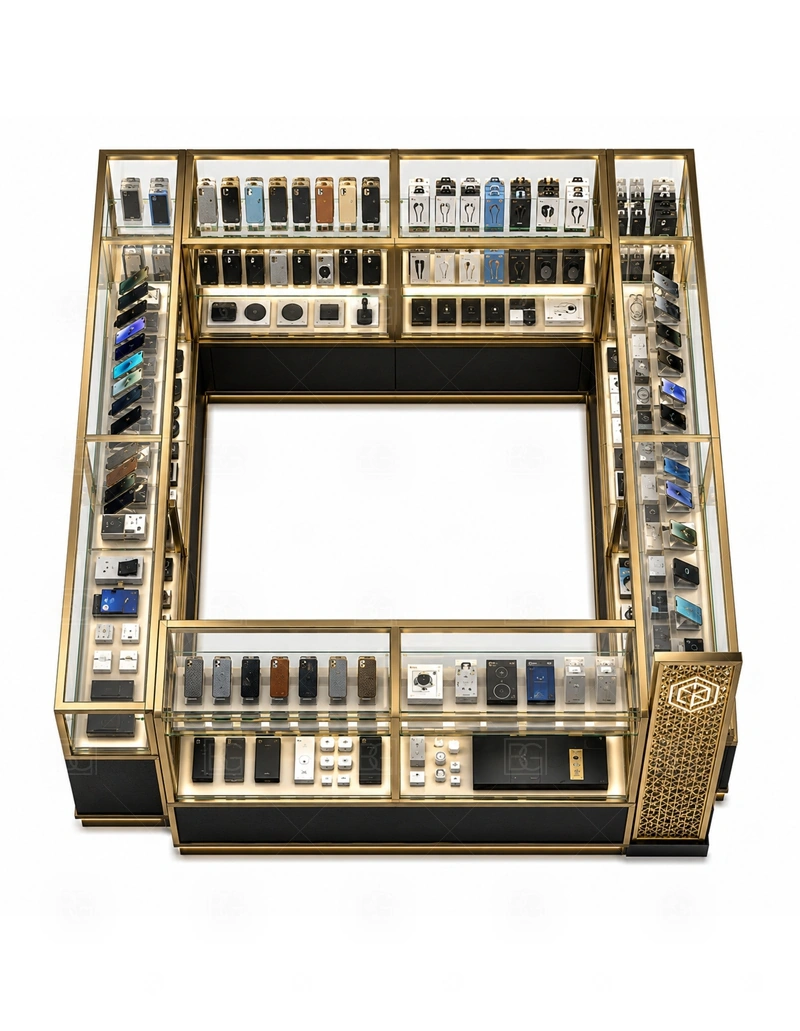 Premium Retail Phone Kiosk for Sale storage detail for secure staff-side storage hidden behind a cleaner premium customer view shown in the premium retail phone kiosk for sale product photos, with a customer side that stays visually tidy even when staff are restocking or packing orders