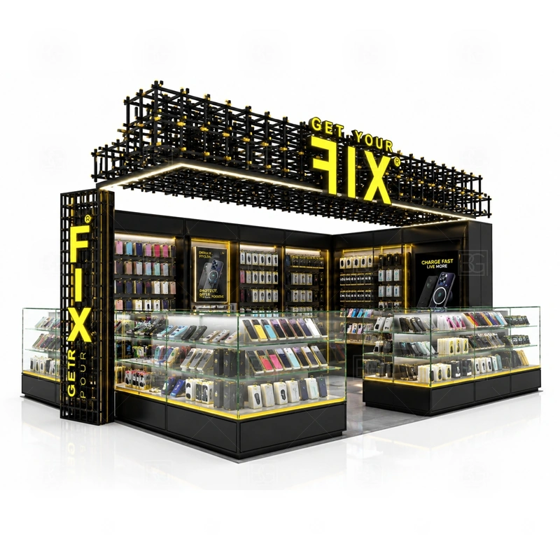 Premium Shopping Mall Phone Kiosk with Lockable Storage with a higher-spec phone kiosk with stronger display presence, coordinated lighting, and more finished customer-facing surfaces shown in the premium shopping mall phone kiosk with lockable storage product photos for phone retail and mall accessory sales