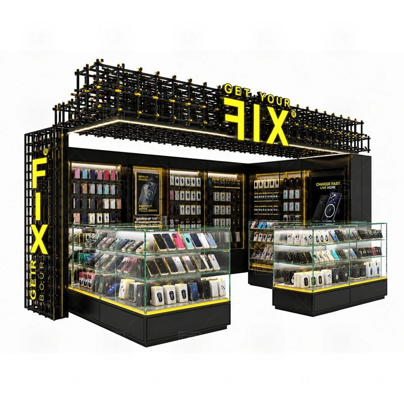 Premium Shopping Mall Phone Kiosk with Lockable Storage showing a refined display and service route with clear customer counters and practical back-of-counter operation shown in the premium shopping mall phone kiosk with lockable storage product photos, with a customer side that stays visually tidy even when staff are restocking or packing orders