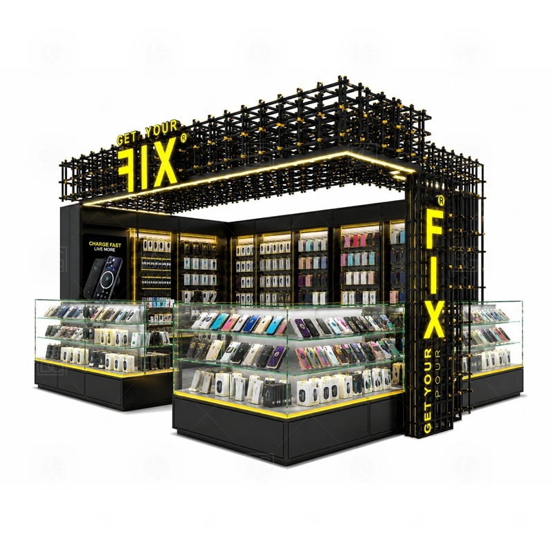Premium Shopping Mall Phone Kiosk with Lockable Storage display detail for premium glass counters, wall displays, selected accessory zones, and featured product positions shown in the premium shopping mall phone kiosk with lockable storage product photos; the product photos also emphasize phone accessory displays, glass counters, and small product shelving