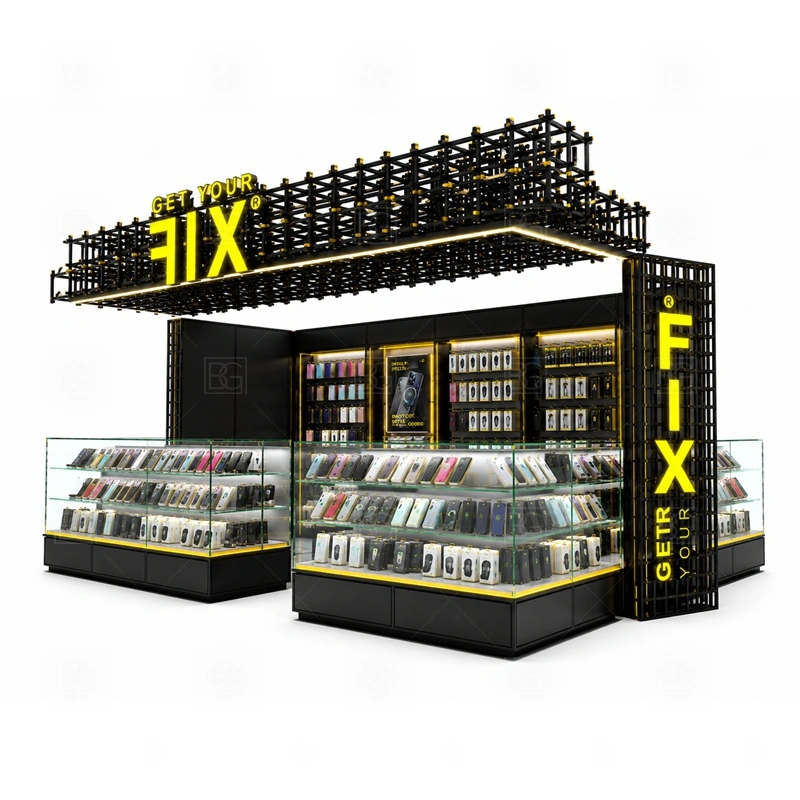 Premium Shopping Mall Phone Kiosk with Lockable Storage service area for customer consultation, product demo, checkout, pickup, and careful handoff of higher-value items shown in the premium shopping mall phone kiosk with lockable storage product photos; the kiosk can follow sales counter, POS area, packing surface, and staff-side storage
