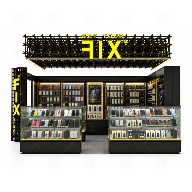 Premium Shopping Mall Phone Kiosk with Lockable Storage signage detail with coordinated logo, lighting, panel finish, and front graphics for a stronger brand impression shown in the premium shopping mall phone kiosk with lockable storage product photos; this page also uses tall logo tower and LED brand lighting