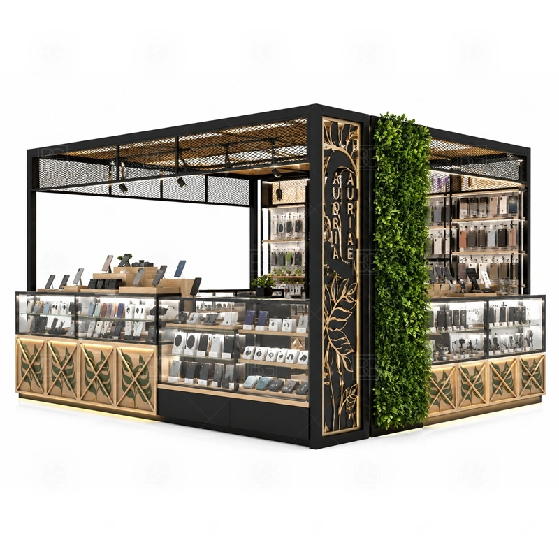 Repair Service Cell Phone Kiosk for Shopping Mall with a repair-service phone kiosk with customer consultation counter, accessory display, and practical tool storage shown in the repair service cell phone kiosk for shopping mall product photos for repair service and phone accessory sales