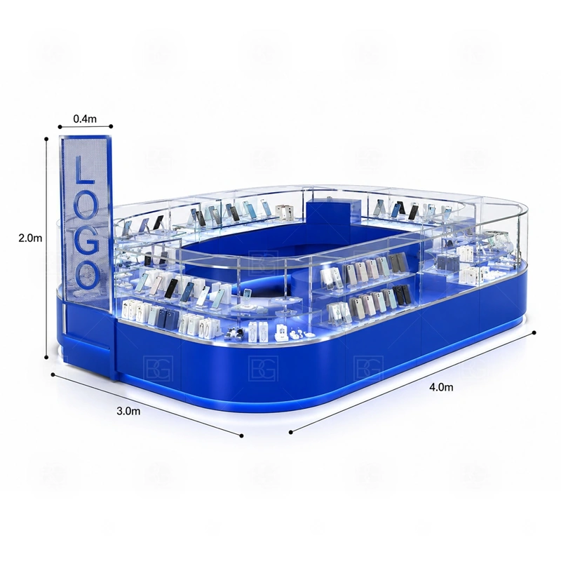 Repair Service Mobile Phone Kiosk with Glass Showcase with a glass-showcase phone kiosk with transparent product protection, counter lighting, and a cleaner premium display line shown in the repair service mobile phone kiosk with glass showcase product photos for repair service and phone accessory sales