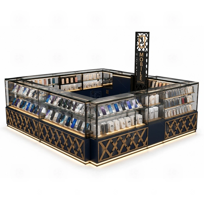 Repair Service Phone Accessories Kiosk with LED Signage with a repair-service phone kiosk with customer consultation counter, accessory display, and practical tool storage shown in the repair service phone accessories kiosk with led signage product photos for repair service and phone accessory sales