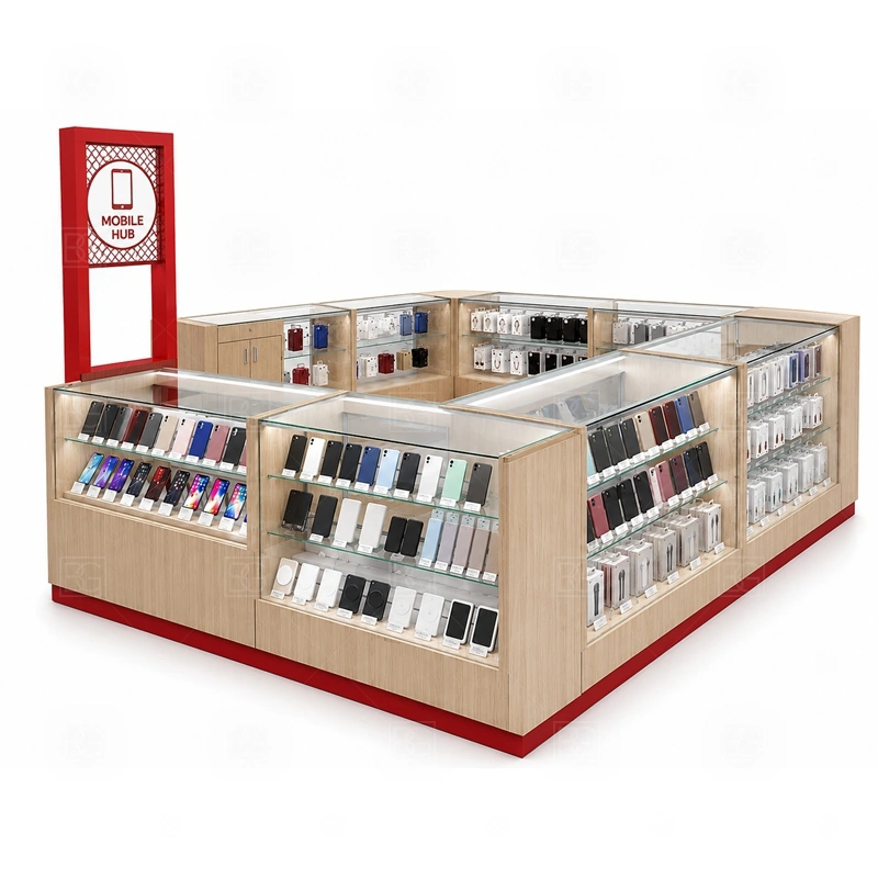 Repair Service Retail Phone Kiosk for Retail Business display detail for repair add-ons, cases, protectors, accessories, and selected device items close to the service counter shown in the repair service retail phone kiosk for retail business product photos; the product photos also emphasize phone accessory displays, glass counters, and small product shelving