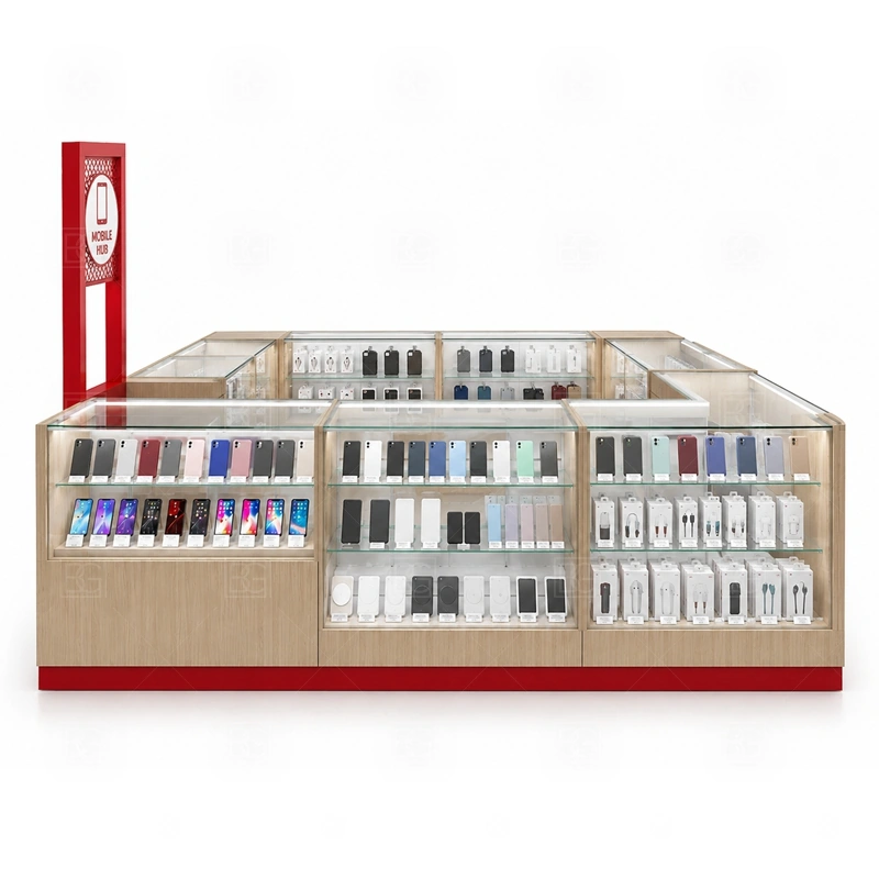 Repair Service Retail Phone Kiosk for Retail Business signage detail with clear repair service signage, logo panels, and lighting that makes the service offer easy to find shown in the repair service retail phone kiosk for retail business product photos; this page also uses custom logo signage and brand color presentation