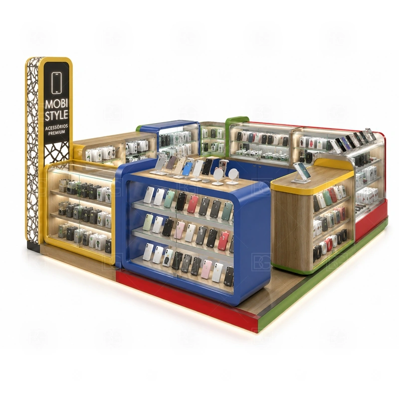 Repair Service Shopping Mall Phone Kiosk with Repair Counter display detail for repair add-ons, cases, protectors, accessories, and selected device items close to the service counter shown in the repair service shopping mall phone kiosk with repair counter product photos; the product photos also emphasize tempered glass showcases and visible accessory display zones