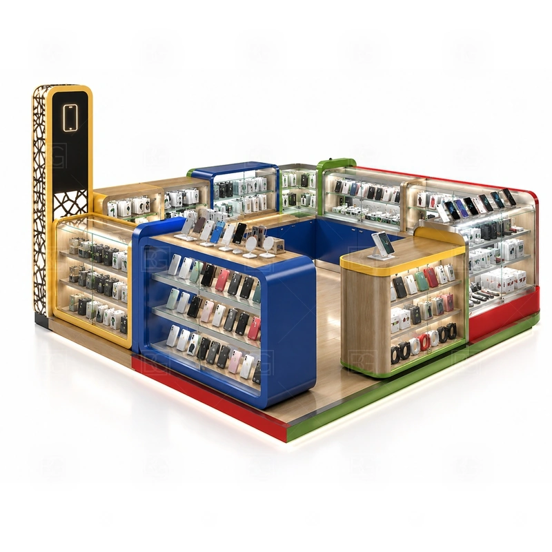 Repair Service Shopping Mall Phone Kiosk with Repair Counter signage detail with clear repair service signage, logo panels, and lighting that makes the service offer easy to find shown in the repair service shopping mall phone kiosk with repair counter product photos; this page also uses custom logo signage and brand color presentation