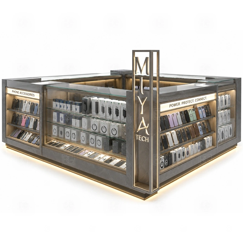 Retail Cell Phone Display Counter with Lockable Storage with a daily-retail phone kiosk with practical accessory display, checkout counters, and reliable storage planning shown in the retail cell phone display counter with lockable storage product photos for counter-based phone display and checkout