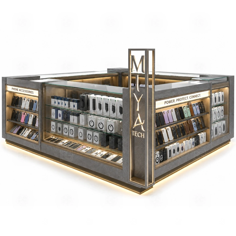 Retail Cell Phone Display Counter with Lockable Storage showing counter-based selling with front customer display and a practical staff-side checkout route shown in the retail cell phone display counter with lockable storage product photos, with front-facing customer movement with staff work kept behind the display line